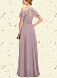 Sibyl A-line Cold Shoulder V-Neck Floor-Length Chiffon Bridesmaid Dress With Pleated UKP0019366