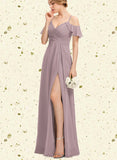 Sibyl A-line Cold Shoulder V-Neck Floor-Length Chiffon Bridesmaid Dress With Pleated UKP0019366