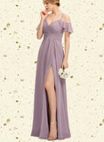 Sibyl A-line Cold Shoulder V-Neck Floor-Length Chiffon Bridesmaid Dress With Pleated UKP0019366