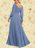 Madeline A-line V-Neck Floor-Length Chiffon Bridesmaid Dress With Ruffle UKP0019367