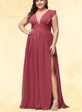 Veronica A-line V-Neck Floor-Length Chiffon Bridesmaid Dress With Ruffle UKP0019368