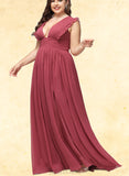 Veronica A-line V-Neck Floor-Length Chiffon Bridesmaid Dress With Ruffle UKP0019368