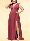 Veronica A-line V-Neck Floor-Length Chiffon Bridesmaid Dress With Ruffle UKP0019368