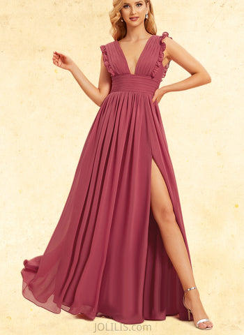 Veronica A-line V-Neck Floor-Length Chiffon Bridesmaid Dress With Ruffle UKP0019368