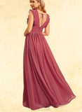 Veronica A-line V-Neck Floor-Length Chiffon Bridesmaid Dress With Ruffle UKP0019368