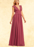 Veronica A-line V-Neck Floor-Length Chiffon Bridesmaid Dress With Ruffle UKP0019368