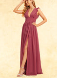 Veronica A-line V-Neck Floor-Length Chiffon Bridesmaid Dress With Ruffle UKP0019368