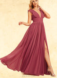 Veronica A-line V-Neck Floor-Length Chiffon Bridesmaid Dress With Ruffle UKP0019368