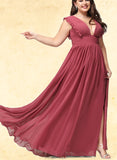 Veronica A-line V-Neck Floor-Length Chiffon Bridesmaid Dress With Ruffle UKP0019368