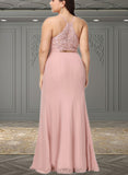 Isis A-line High Neck Floor-Length Chiffon Lace Bridesmaid Dress UKP0019370