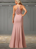 Isis A-line High Neck Floor-Length Chiffon Lace Bridesmaid Dress UKP0019370