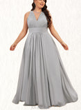 Millicent A-line V-Neck Floor-Length Chiffon Bridesmaid Dress With Bow Ruffle UKP0019372