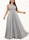 Millicent A-line V-Neck Floor-Length Chiffon Bridesmaid Dress With Bow Ruffle UKP0019372