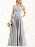 Millicent A-line V-Neck Floor-Length Chiffon Bridesmaid Dress With Bow Ruffle UKP0019372