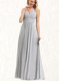 Millicent A-line V-Neck Floor-Length Chiffon Bridesmaid Dress With Bow Ruffle UKP0019372