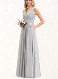 Millicent A-line V-Neck Floor-Length Chiffon Bridesmaid Dress With Bow Ruffle UKP0019372