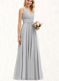 Millicent A-line V-Neck Floor-Length Chiffon Bridesmaid Dress With Bow Ruffle UKP0019372