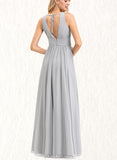 Millicent A-line V-Neck Floor-Length Chiffon Bridesmaid Dress With Bow Ruffle UKP0019372