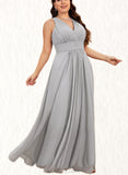 Millicent A-line V-Neck Floor-Length Chiffon Bridesmaid Dress With Bow Ruffle UKP0019372