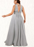 Millicent A-line V-Neck Floor-Length Chiffon Bridesmaid Dress With Bow Ruffle UKP0019372