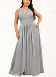 Millicent A-line V-Neck Floor-Length Chiffon Bridesmaid Dress With Bow Ruffle UKP0019372