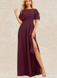 Elaina A-line Scoop Floor-Length Chiffon Bridesmaid Dress With Ruffle UKP0019373