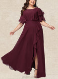 Elaina A-line Scoop Floor-Length Chiffon Bridesmaid Dress With Ruffle UKP0019373