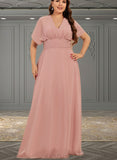 Breanna A-line Halter One Shoulder V-Neck Floor-Length Chiffon Bridesmaid Dress With Ruffle UKP0019374