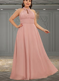 Breanna A-line Halter One Shoulder V-Neck Floor-Length Chiffon Bridesmaid Dress With Ruffle UKP0019374