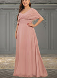 Breanna A-line Halter One Shoulder V-Neck Floor-Length Chiffon Bridesmaid Dress With Ruffle UKP0019374