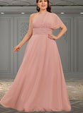 Breanna A-line Halter One Shoulder V-Neck Floor-Length Chiffon Bridesmaid Dress With Ruffle UKP0019374