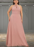 Breanna A-line Halter One Shoulder V-Neck Floor-Length Chiffon Bridesmaid Dress With Ruffle UKP0019374