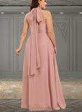 Breanna A-line Halter One Shoulder V-Neck Floor-Length Chiffon Bridesmaid Dress With Ruffle UKP0019374