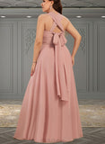 Breanna A-line Halter One Shoulder V-Neck Floor-Length Chiffon Bridesmaid Dress With Ruffle UKP0019374