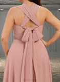 Breanna A-line Halter One Shoulder V-Neck Floor-Length Chiffon Bridesmaid Dress With Ruffle UKP0019374