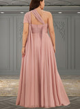 Breanna A-line Halter One Shoulder V-Neck Floor-Length Chiffon Bridesmaid Dress With Ruffle UKP0019374