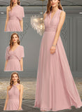 Breanna A-line Halter One Shoulder V-Neck Floor-Length Chiffon Bridesmaid Dress With Ruffle UKP0019374