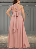 Breanna A-line Halter One Shoulder V-Neck Floor-Length Chiffon Bridesmaid Dress With Ruffle UKP0019374