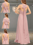 Breanna A-line Halter One Shoulder V-Neck Floor-Length Chiffon Bridesmaid Dress With Ruffle UKP0019374