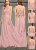 Breanna A-line Halter One Shoulder V-Neck Floor-Length Chiffon Bridesmaid Dress With Ruffle UKP0019374