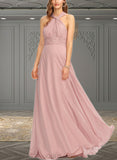 Breanna A-line Halter One Shoulder V-Neck Floor-Length Chiffon Bridesmaid Dress With Ruffle UKP0019374