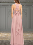 Breanna A-line Halter One Shoulder V-Neck Floor-Length Chiffon Bridesmaid Dress With Ruffle UKP0019374