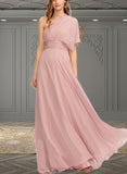 Breanna A-line Halter One Shoulder V-Neck Floor-Length Chiffon Bridesmaid Dress With Ruffle UKP0019374