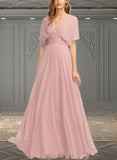 Breanna A-line Halter One Shoulder V-Neck Floor-Length Chiffon Bridesmaid Dress With Ruffle UKP0019374