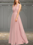 Breanna A-line Halter One Shoulder V-Neck Floor-Length Chiffon Bridesmaid Dress With Ruffle UKP0019374