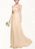 Aileen A-line One Shoulder Floor-Length Chiffon Bridesmaid Dress With Flower Ruffle UKP0019376