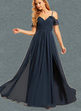 Kyla A-line V-Neck Floor-Length Chiffon Bridesmaid Dress UKP0019379