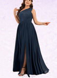 Nathalie A-line One Shoulder Floor-Length Chiffon Lace Bridesmaid Dress UKP0019380