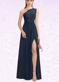 Nathalie A-line One Shoulder Floor-Length Chiffon Lace Bridesmaid Dress UKP0019380