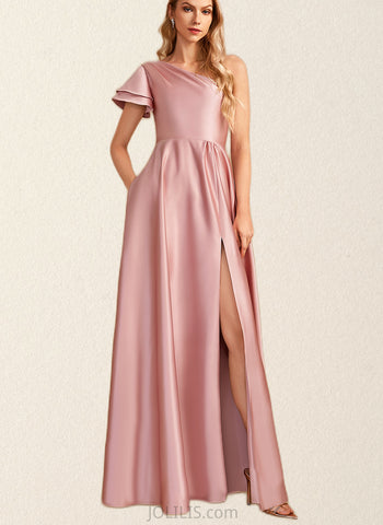 Adalyn A-line One Shoulder Floor-Length Satin Bridesmaid Dress UKP0019384